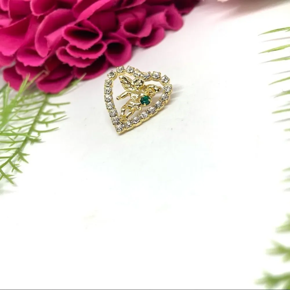 VINTAGE⚜️Dainty Cherub Crystal Heart Tack Pin
